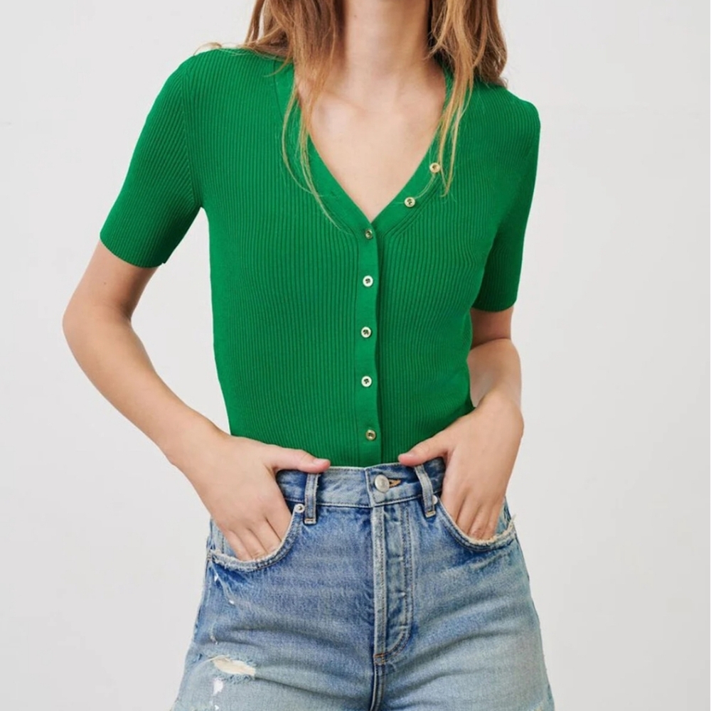 Maje Green Ribbed Knit V-Neck Button-Up Top